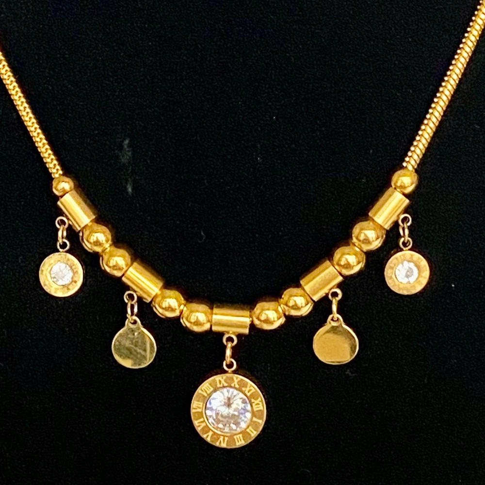 NEW Stainless Steel Gold Tone Necklace Round Roman Numeral Pendant